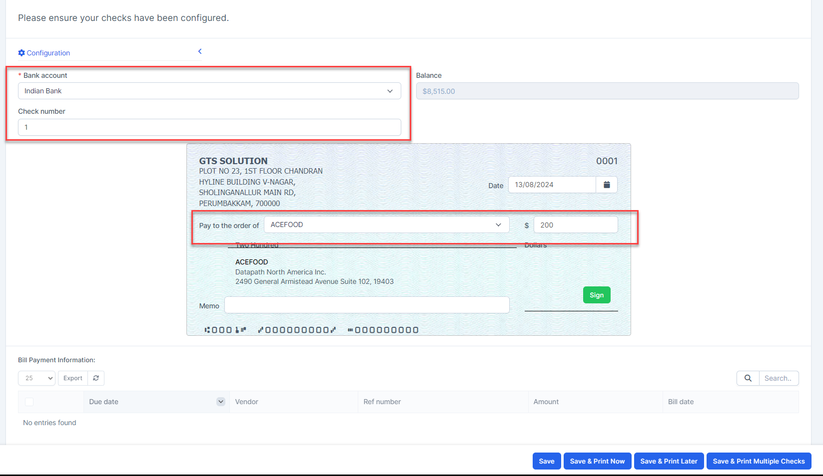 System Generated Check Create New Check